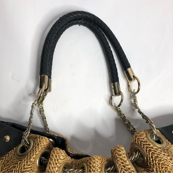 Olivia & Joy Beige Woven Black Leather Gold‎ Hardware Chain Purse - Picture 5 of 16